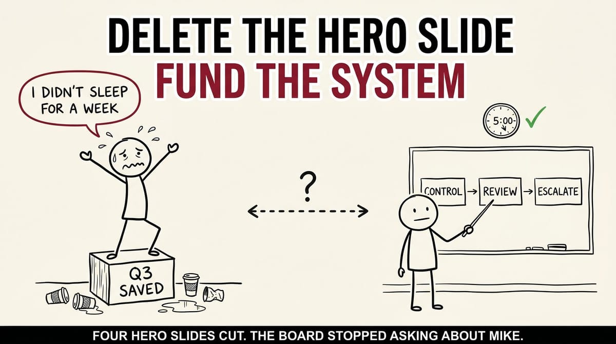 Hand-drawn xkcd-style image. Left: exhausted stick figure on a Q3 SAVED pedestal. Right: calm stick figure at a whiteboard. Headline: DELETE THE HERO SLIDE. FUND THE SYSTEM.