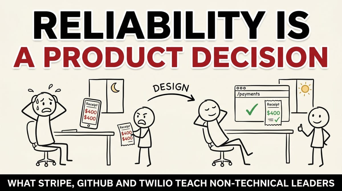 Stick-figure comic: a panicked founder facing a double $400 charge, then calm after a clean /payments API. Headline: Reliability is a product decision.