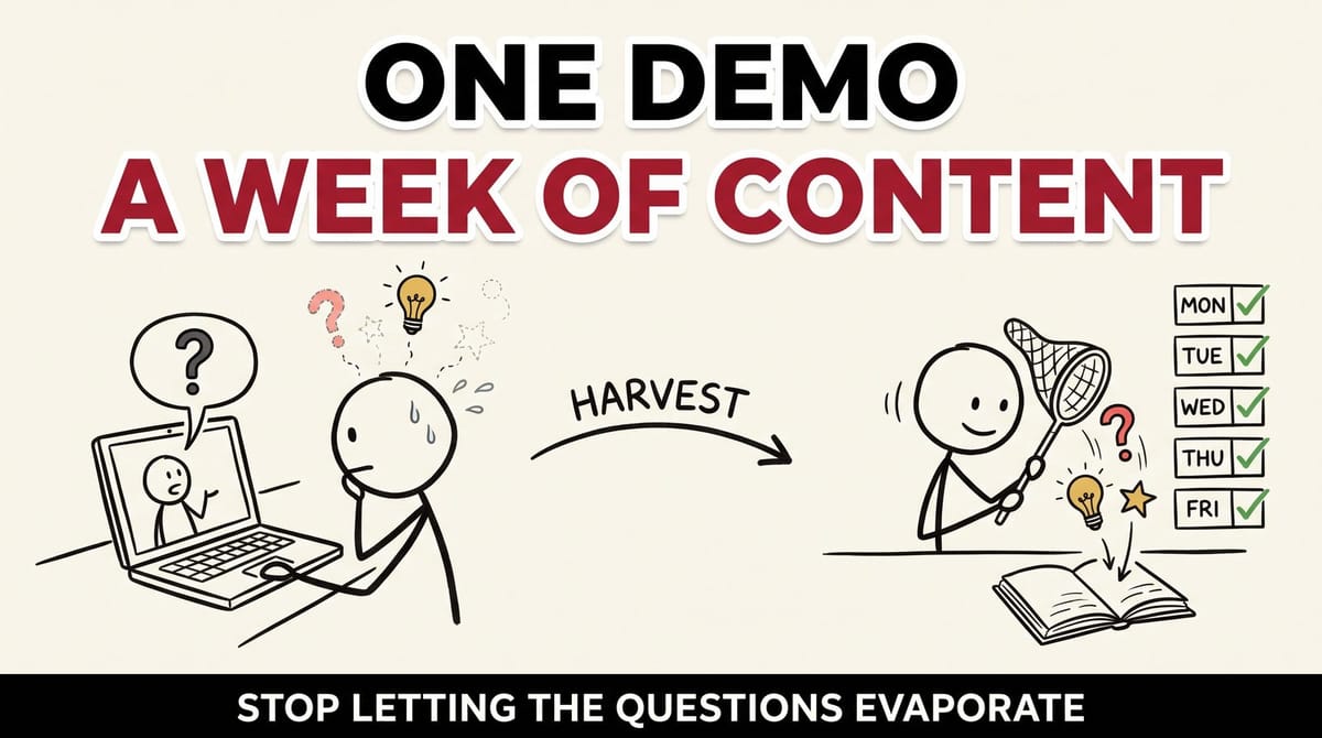 Stick figure on a client demo call letting questions evaporate on the left, then harvesting them into a week of posts on the right
