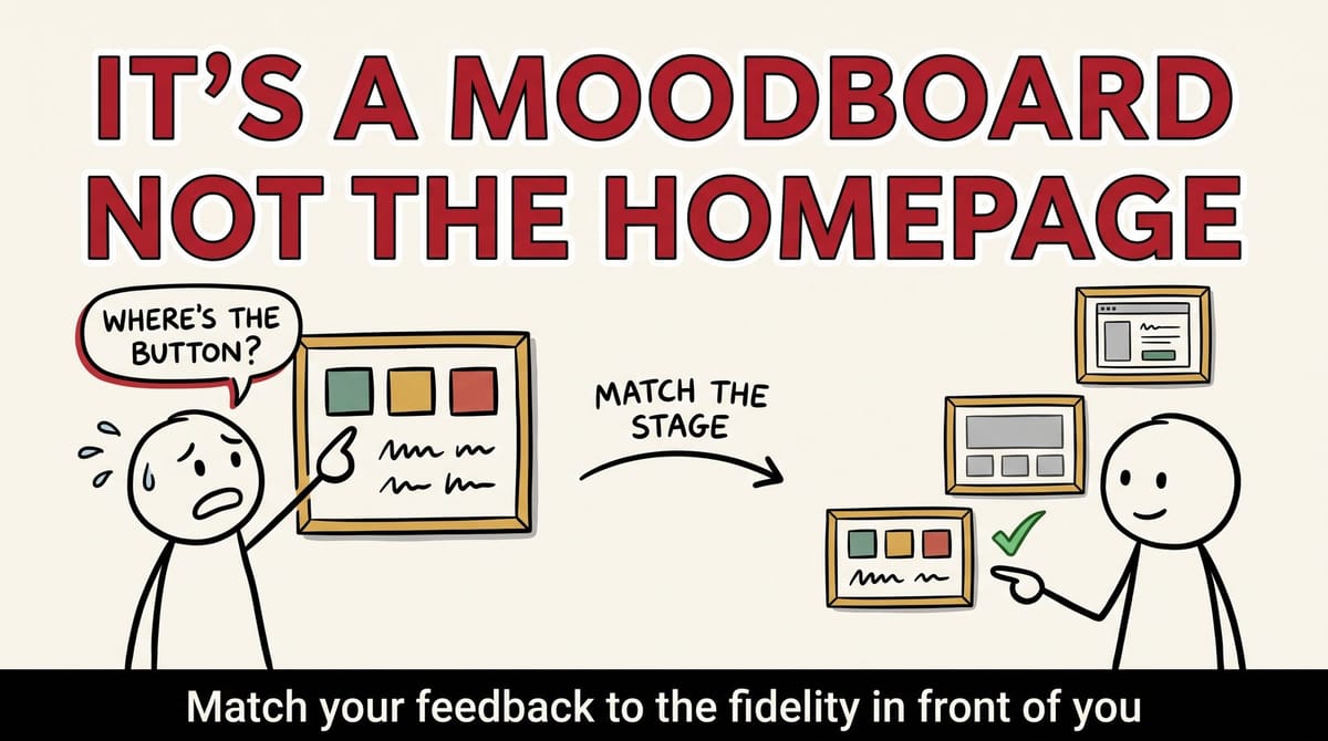 Stick figure pointing at a moodboard asking where the button is, versus calmly reviewing a ladder of design artifacts