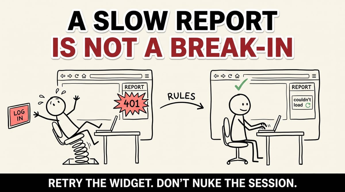 Stick-figure comic: a slow report throwing a 401 catapults a user to the login screen on the left; on the right, the same user stays logged in while the widget shows a scoped error