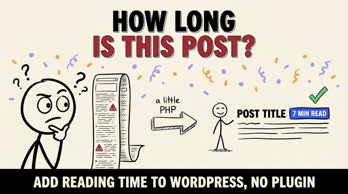 Glowing WordPress logo with a clock badge surrounded by <?php tags, for adding reading time with custom PHP code
