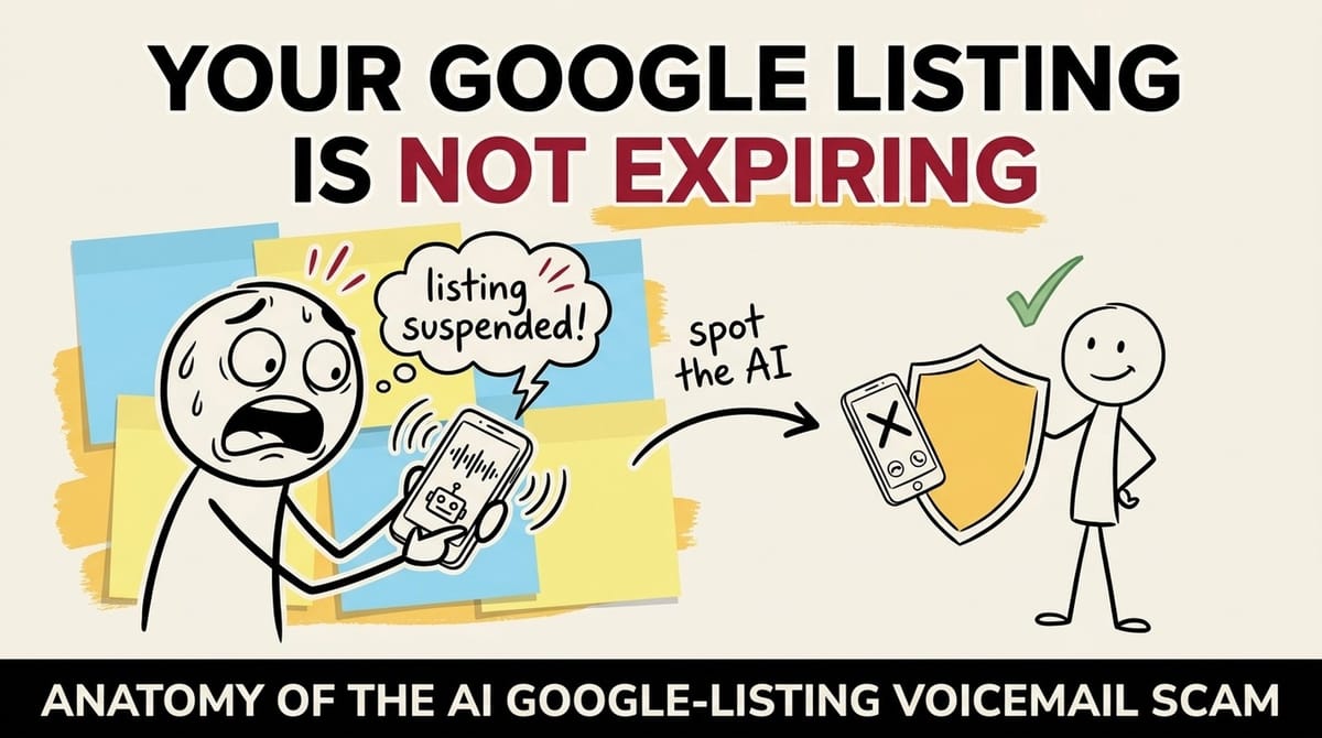 Blue shield deflecting a red voice waveform, representing blocking AI-generated Google listing scam voicemails