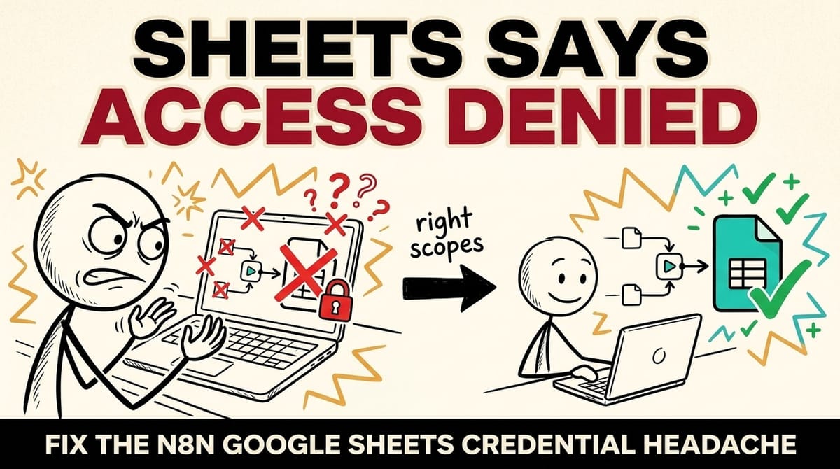 n8n and Google Sheets icons connected by glowing workflow nodes, illustrating an n8n Google Sheets credential fix
