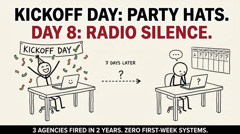 Stick-figure comic contrasting a chaotic client onboarding versus a structured first-7-days system.