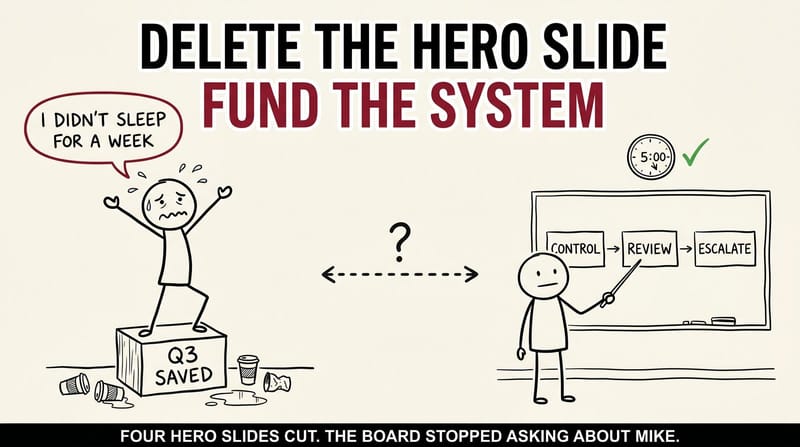 Hand-drawn xkcd-style image. Left: exhausted stick figure on a Q3 SAVED pedestal. Right: calm stick figure at a whiteboard. Headline: DELETE THE HERO SLIDE. FUND THE SYSTEM.