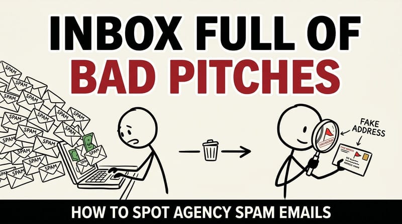 Stick-figure comic: a person buried in spam pitch emails on the left, calmly identifying the red flags in one on the right.
