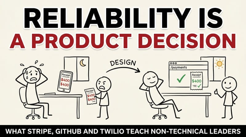 Stick-figure comic: a panicked founder facing a double $400 charge, then calm after a clean /payments API. Headline: Reliability is a product decision.