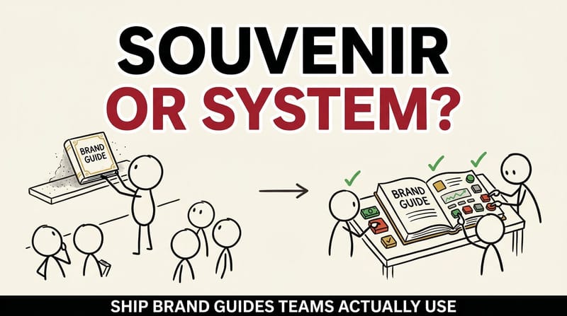 Stick-figure comic: a brand guide gathering dust on a shelf on the left, used as an everyday operating system by the team on the right.