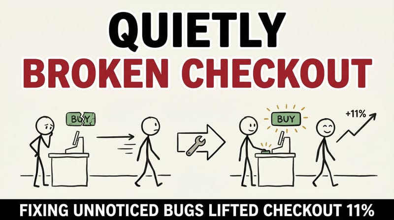 Stick-figure comic: customers abandoning a subtly broken checkout on the left, completing purchases after the fix on the right with sales rising.