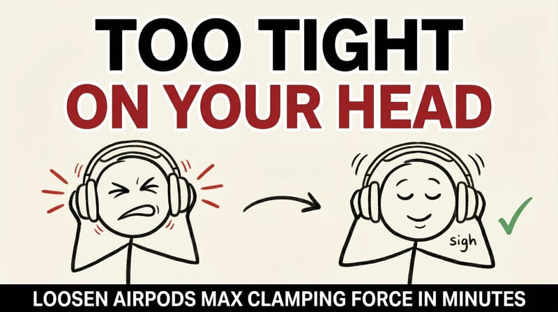 Stick-figure comic: a person wincing as AirPods Max clamp too tightly on the left, comfortably wearing them after gently widening the headband on the right.