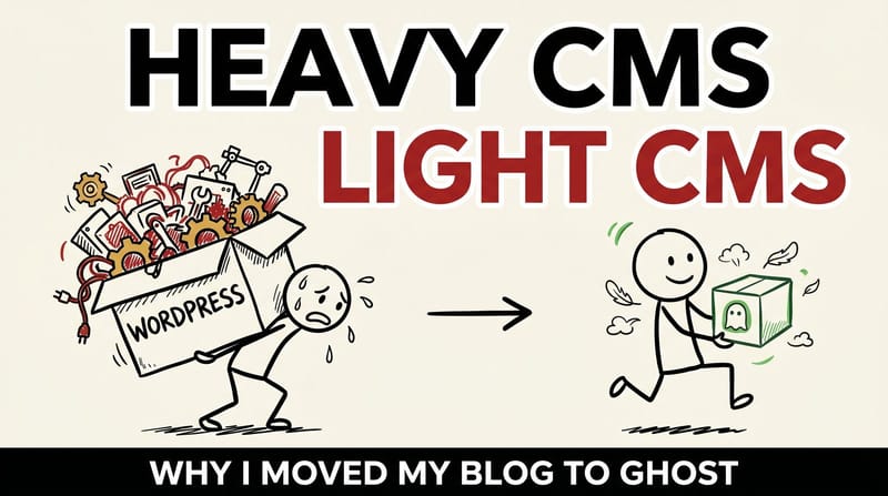 Stick-figure comic: someone struggling under a bloated WordPress box on the left, breezing along with a lightweight Ghost box on the right.