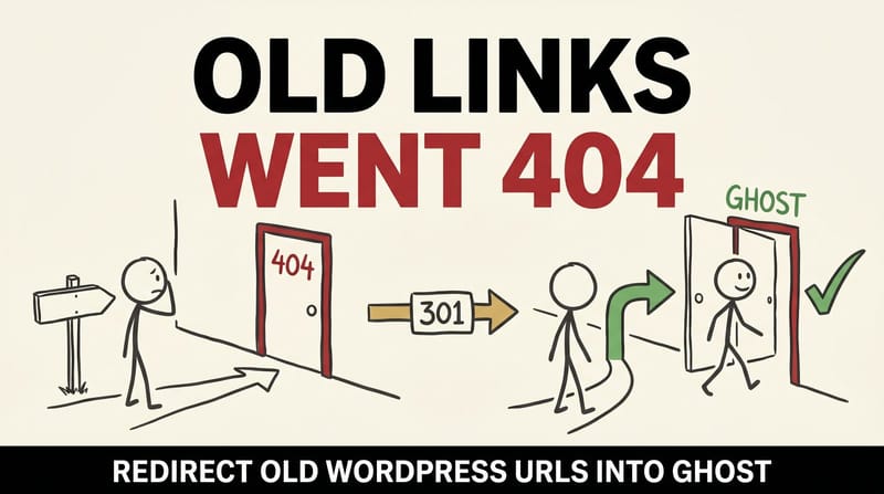 Stick-figure comic: a visitor hitting a 404 dead end on the left, smoothly redirected to the right page on the right.