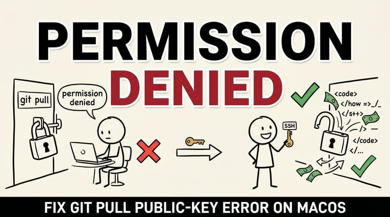 Stick-figure comic: a developer locked out of git pull on the left, unlocking it with an SSH key on the right.
