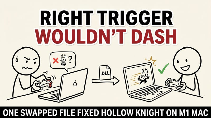 Stick-figure comic: a frustrated gamer whose controller trigger does nothing in Hollow Knight on the left, then dashing happily after swapping one game file on the right.
