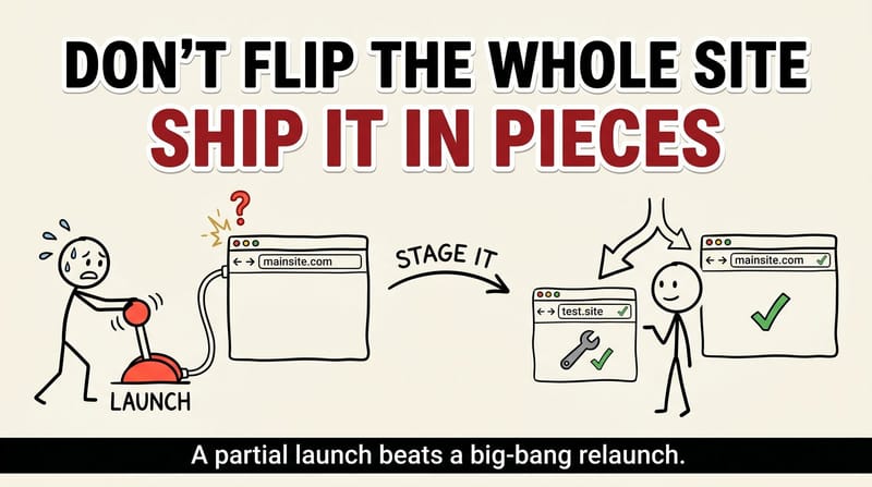 Stick-figure cartoon contrasting a stressed founder slamming one big LAUNCH lever versus a calm founder staging a test site before flipping the main domain