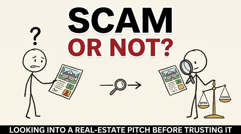 Stick-figure comic: a person unsure about a real-estate flyer on the left, calmly investigating it on the right.