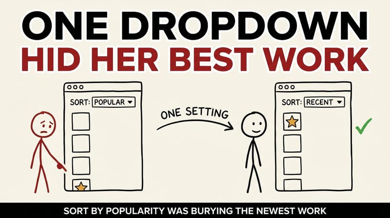 Stick-figure comic: a product page sorted by popularity buries the new item at the bottom; sorting by recent lifts it to the top.