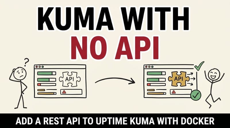 Stick-figure comic: an Uptime Kuma dashboard missing its API piece on the left, the API slotted in and serving data on the right.