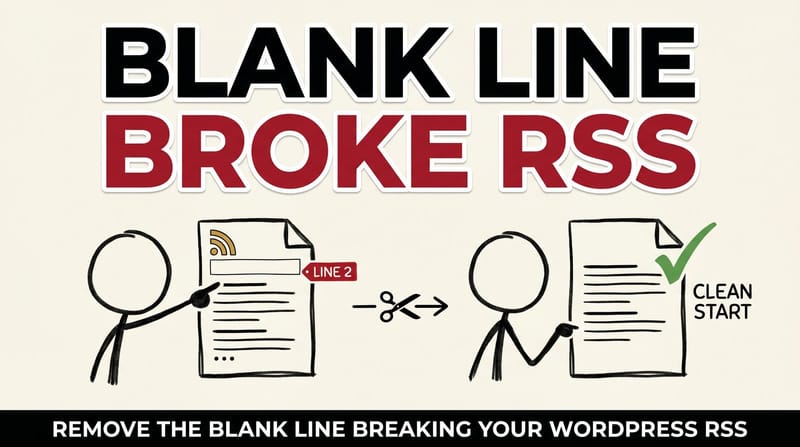 Stick-figure comic: an RSS feed pushed down by a stray blank first line on the left, cleanly starting at the top on the right.