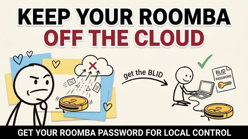 Robot vacuum on a purple and red background, header for getting a Roomba password and BLID for local control