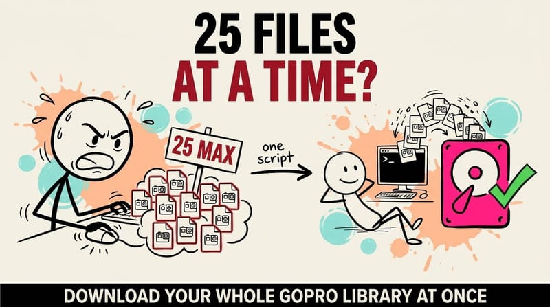 GoPro cloud icon streaming data to a code window, for downloading the full GoPro media library with a script