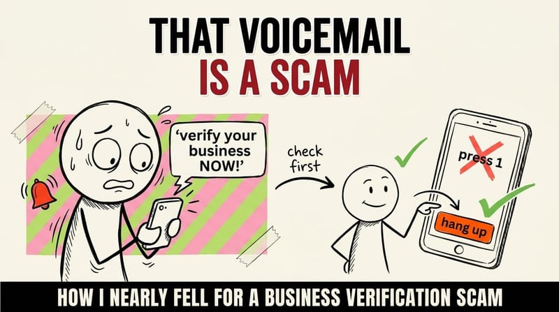 Worried businessman checks his phone as a red hooded scammer figure looms behind him, depicting a voicemail scam