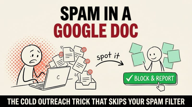 Google Docs icon with a warning badge spewing a pile of red spam email envelopes