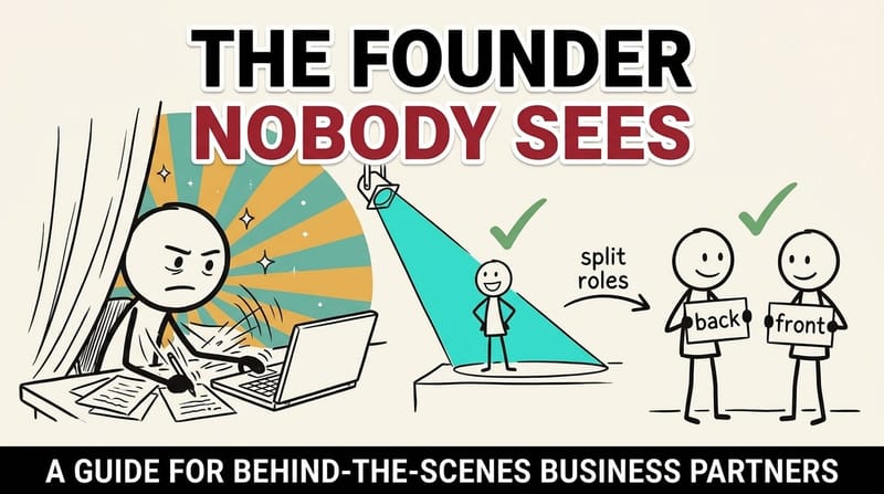 One founder in a spotlight on a tablet, linked to a second partner working unseen in the shadows behind the scenes