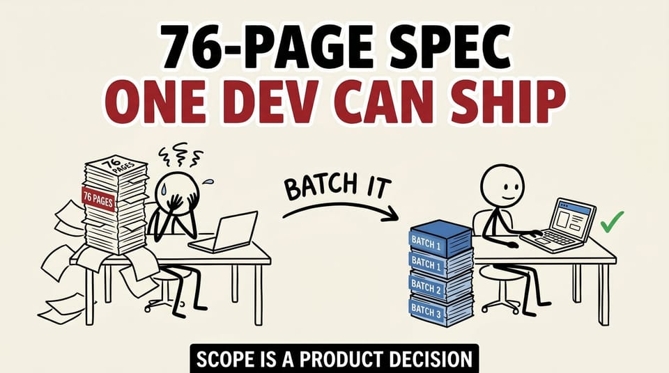 Stick-figure comic: a developer buried under a 76-page spec versus a slim, shippable scope.
