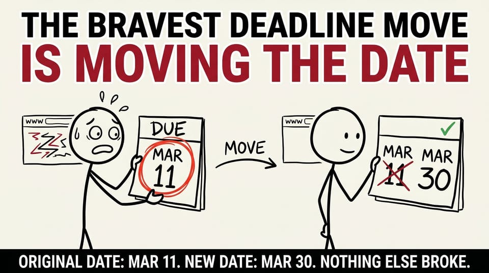 Stick-figure comic: a stressed figure forcing a deadline versus calmly moving the date and shipping well.