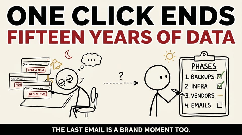 Hand-drawn stick figure scene contrasting an exhausted founder at night clicking renewal popups against a calmer daytime scene with a four-phase shutdown checklist