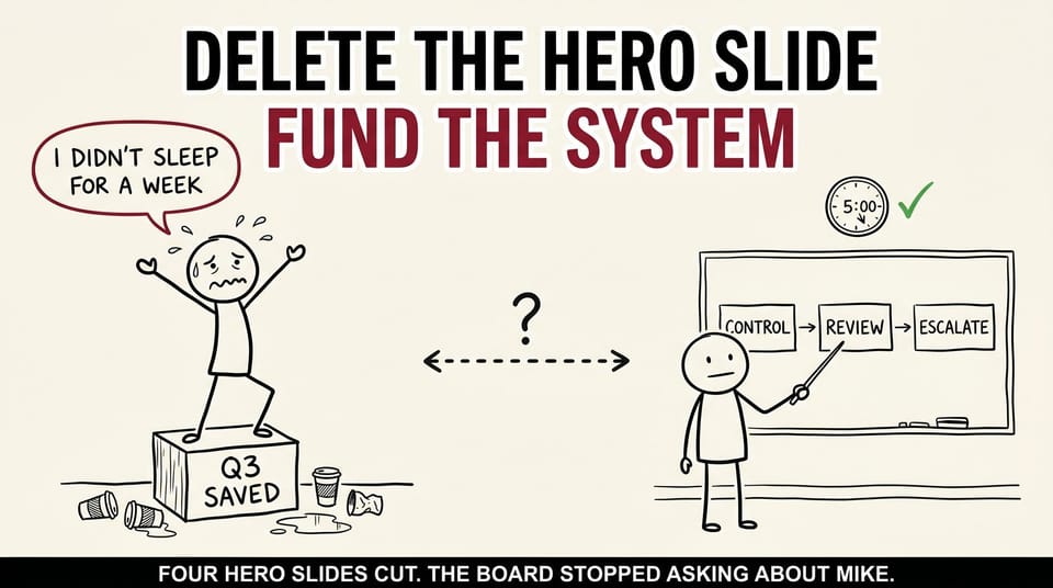 Hand-drawn xkcd-style image. Left: exhausted stick figure on a Q3 SAVED pedestal. Right: calm stick figure at a whiteboard. Headline: DELETE THE HERO SLIDE. FUND THE SYSTEM.
