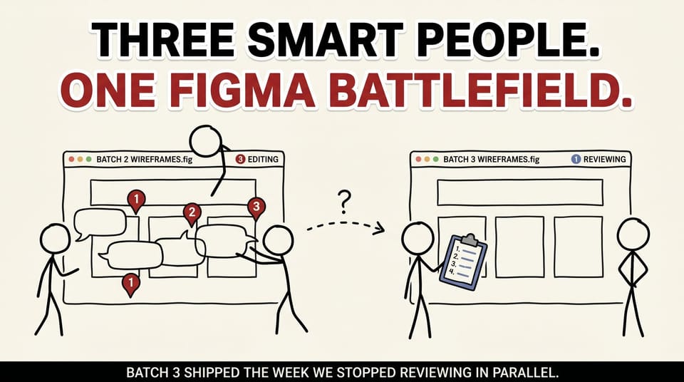 Hand-drawn stick-figure illustration contrasting three reviewers crowded around a Figma file with one reviewer working alone, headline reads Three Smart People One Figma Battlefield
