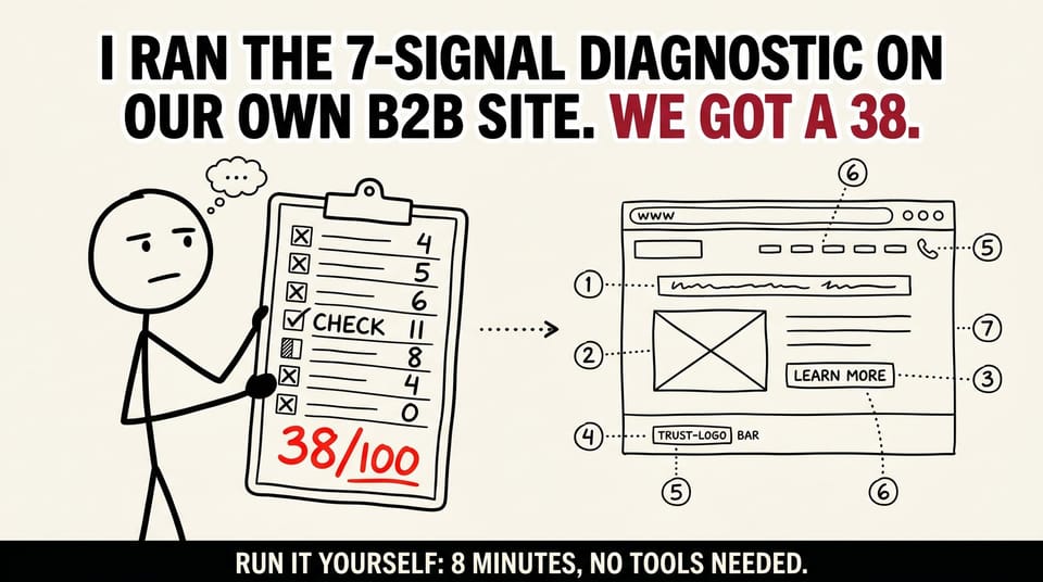 Hand-drawn xkcd-style illustration: a stick figure holding a clipboard with a 7-row scorecard showing a 38/100 score, next to a website mockup with seven numbered annotations