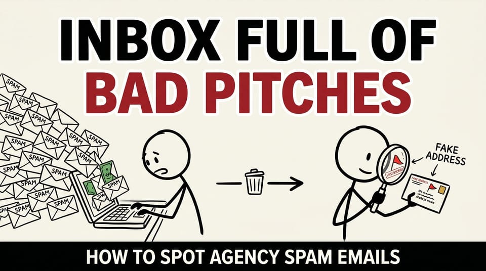 Stick-figure comic: a person buried in spam pitch emails on the left, calmly identifying the red flags in one on the right.