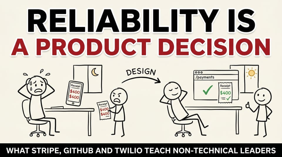 Stick-figure comic: a panicked founder facing a double $400 charge, then calm after a clean /payments API. Headline: Reliability is a product decision.