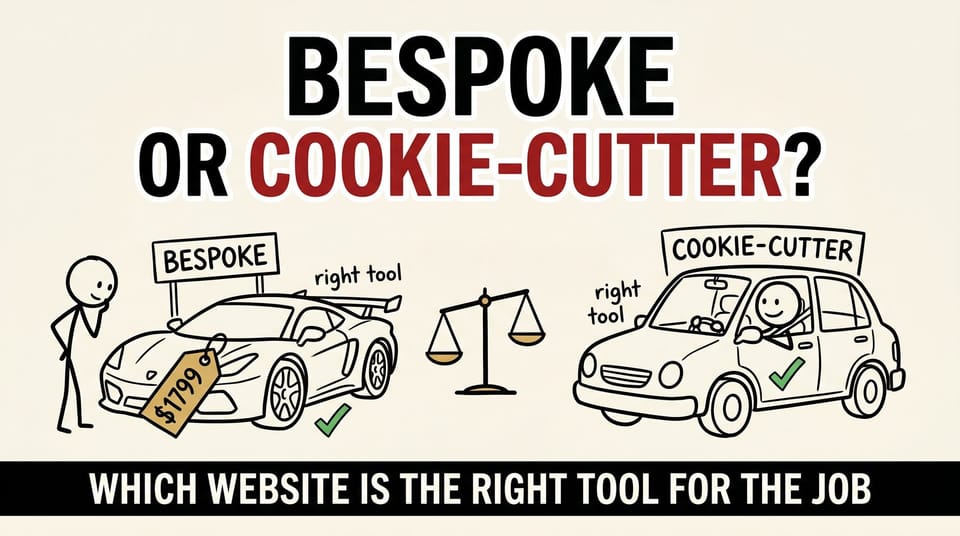 Stick-figure comic: an expensive bespoke sports car versus a practical everyday car, weighing which website approach fits the job.