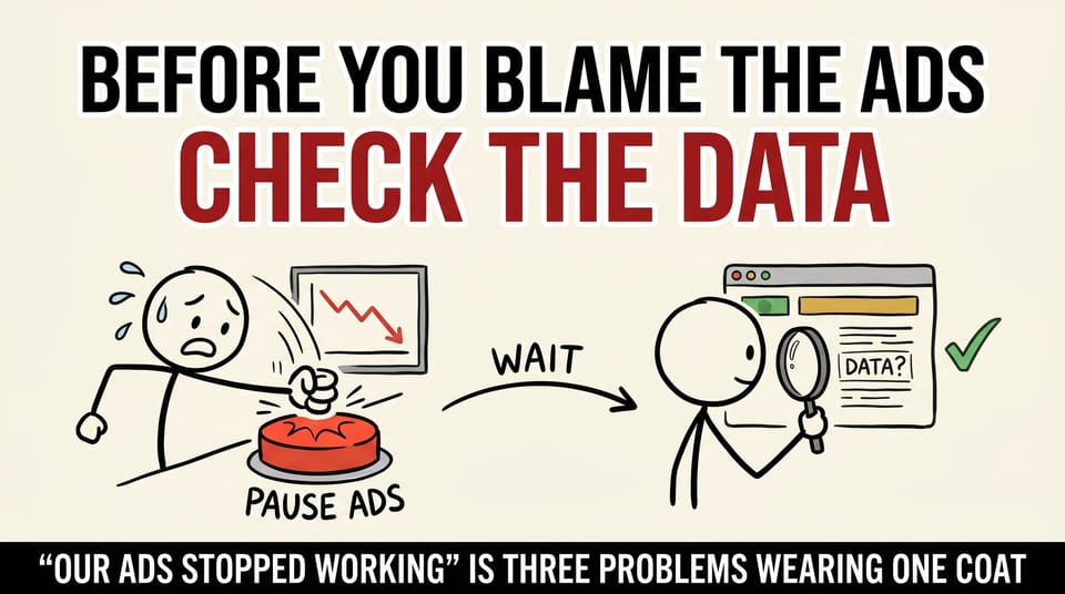 Stick-figure comic contrasting blaming ad spend versus fixing a broken measurement and tracking setup.