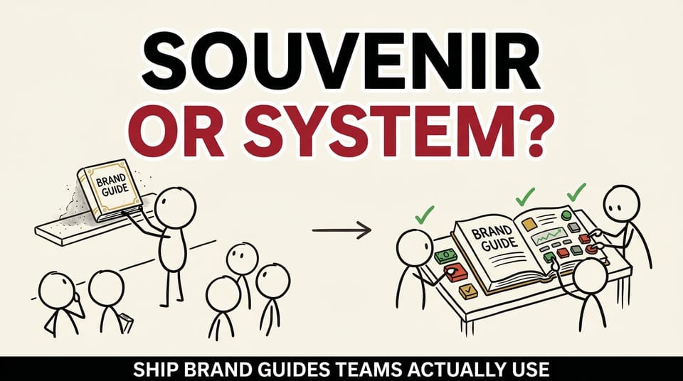 Stick-figure comic: a brand guide gathering dust on a shelf on the left, used as an everyday operating system by the team on the right.