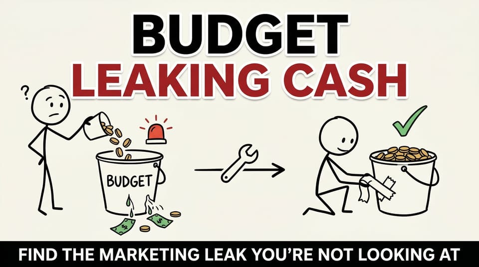 Stick-figure comic: marketing money leaking from a hidden hole in a budget bucket on the left, the leak patched on the right.