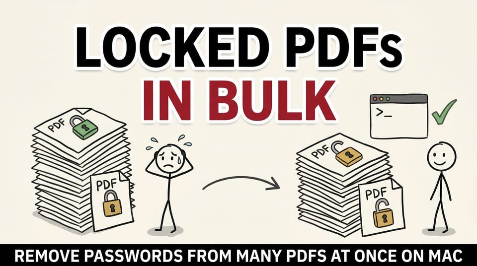 Stick-figure comic: a pile of password-locked PDFs overwhelming someone on the left, all unlocked at once by one command on the right.