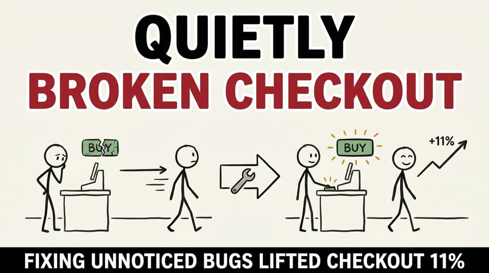 Stick-figure comic: customers abandoning a subtly broken checkout on the left, completing purchases after the fix on the right with sales rising.