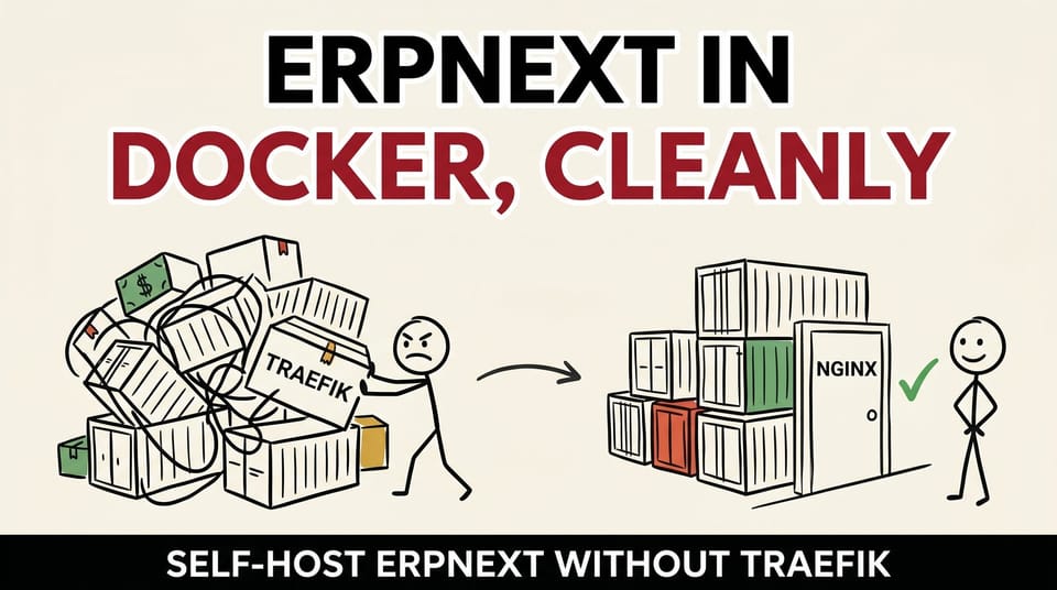 Stick-figure comic: someone tangled in messy containers with an unwanted Traefik box on the left, a tidy NGINX-only Docker stack on the right.