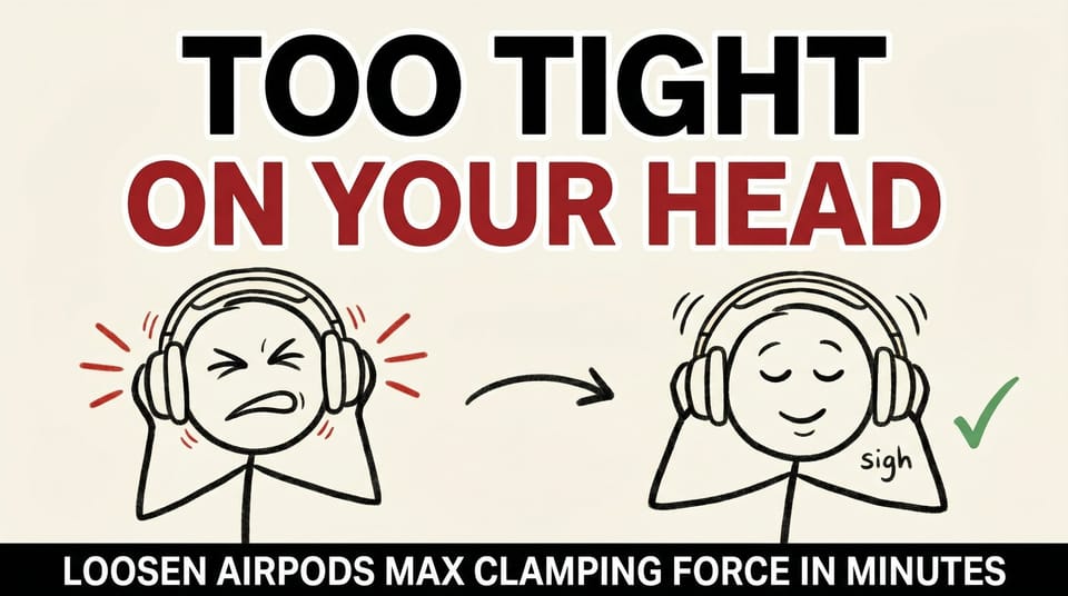 Stick-figure comic: a person wincing as AirPods Max clamp too tightly on the left, comfortably wearing them after gently widening the headband on the right.