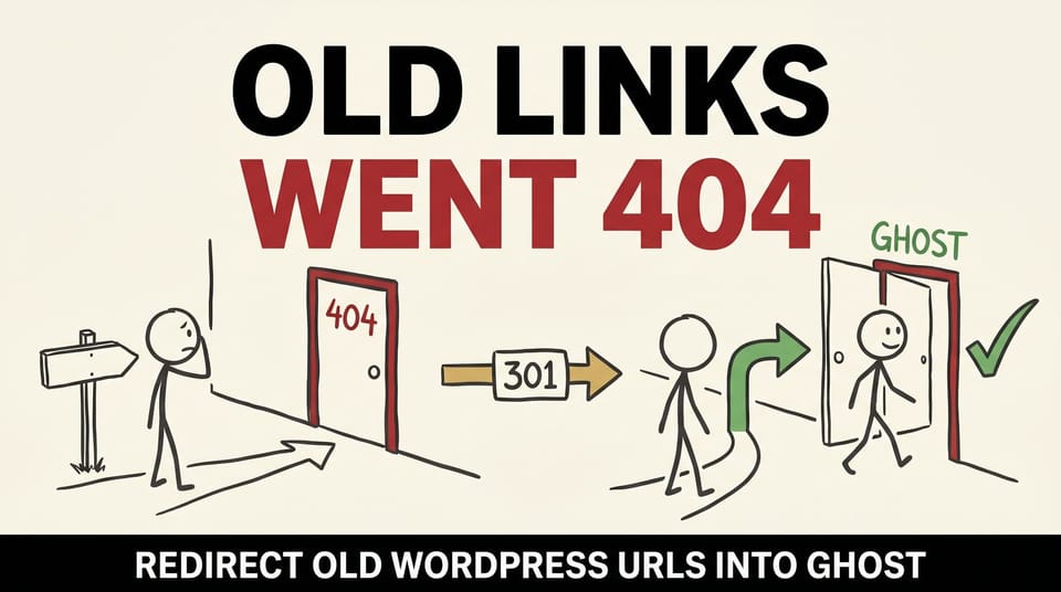 Stick-figure comic: a visitor hitting a 404 dead end on the left, smoothly redirected to the right page on the right.