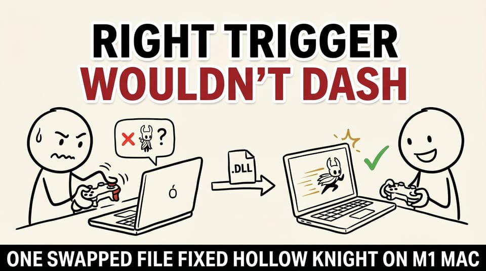 Stick-figure comic: a frustrated gamer whose controller trigger does nothing in Hollow Knight on the left, then dashing happily after swapping one game file on the right.