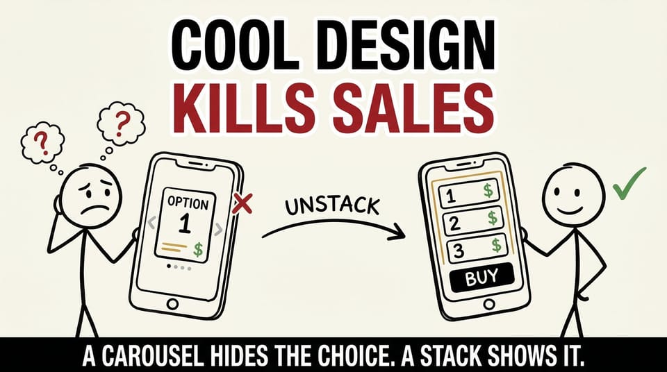 Stick-figure comic: a confused phone user with a hidden carousel versus a calm user with all options stacked and visible