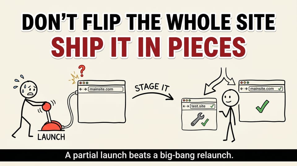 Stick-figure cartoon contrasting a stressed founder slamming one big LAUNCH lever versus a calm founder staging a test site before flipping the main domain