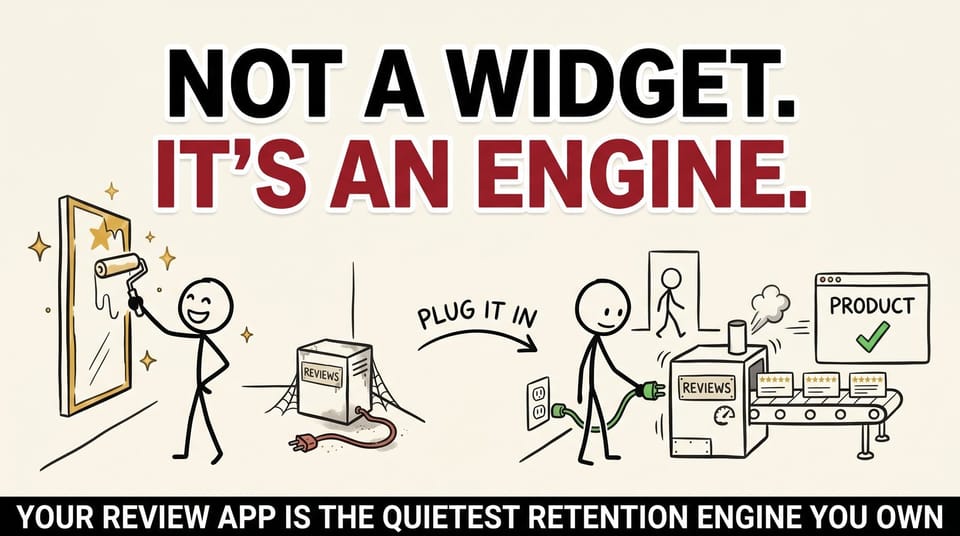 Stick-figure cartoon: a neglected unplugged REVIEWS machine on the left, the same machine plugged in and feeding five-star cards to a product page on the right.